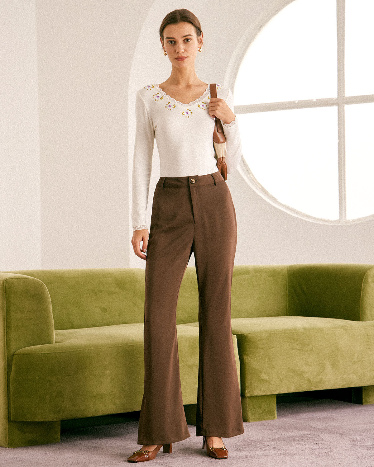 The Coffee Button Split Hem Flare Leg Pants