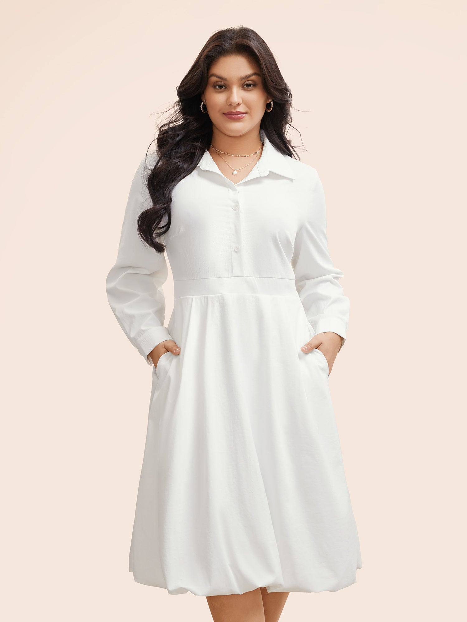 Plain Shirt Collar Shirred Bubble Dress