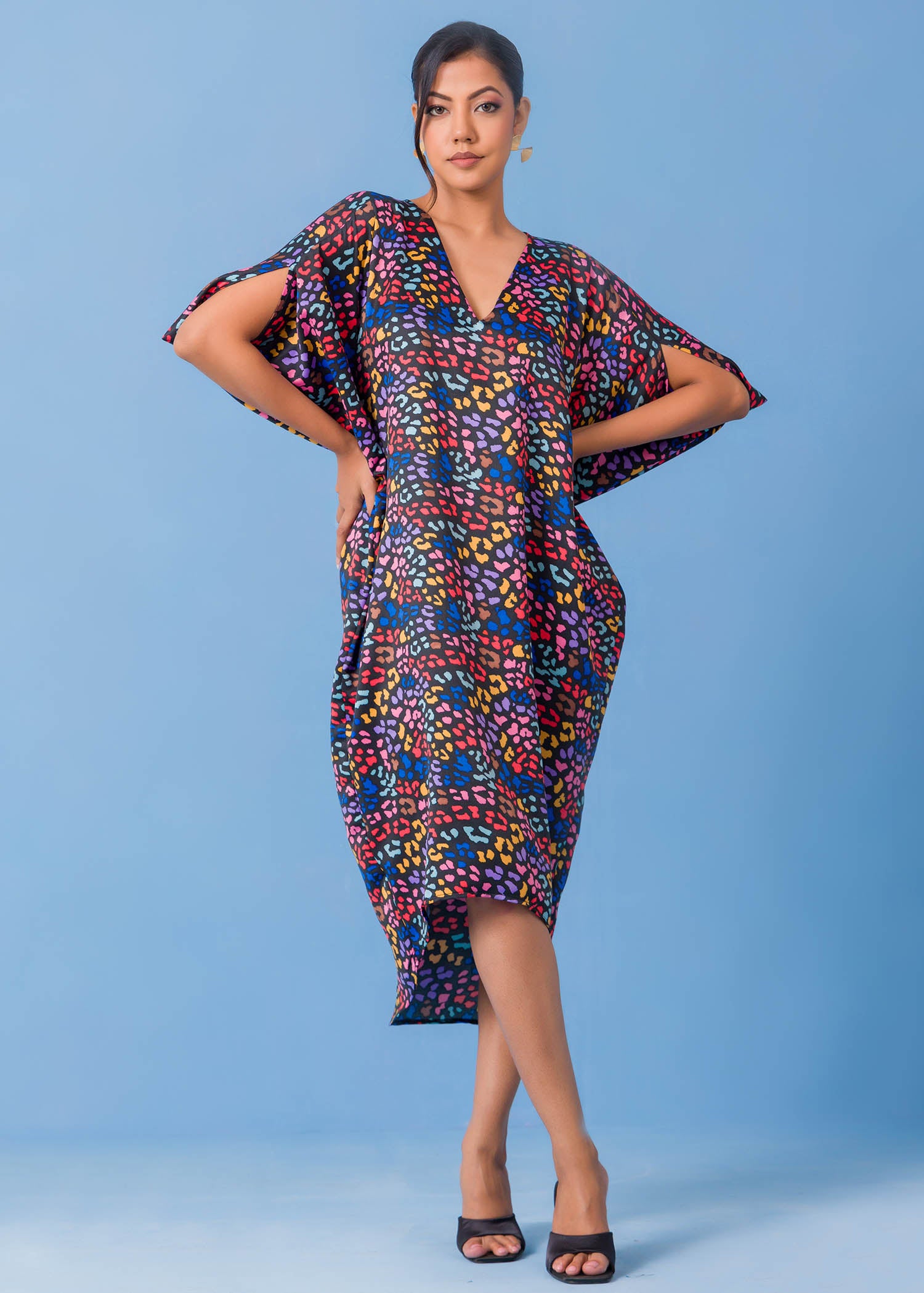 V Printed Neck Kaftan Dress