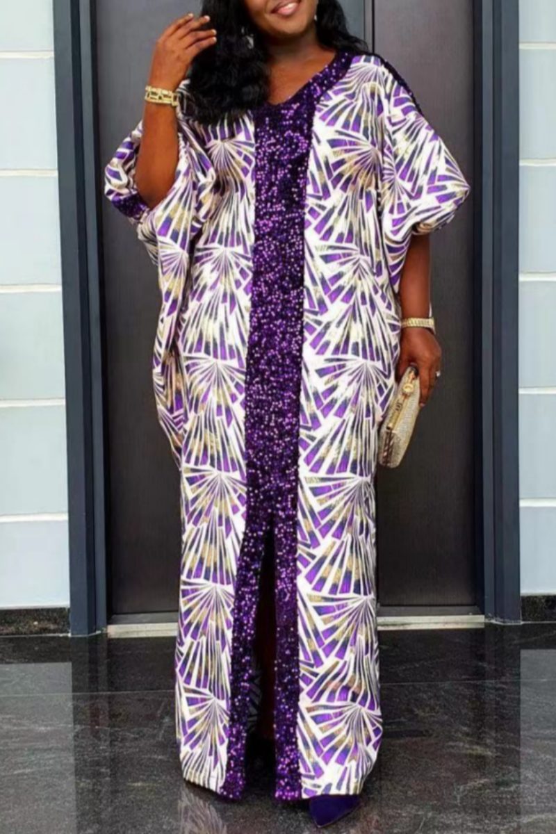 Casual Print Patchwork Slit V Neck One Step Skirt Plus Size Dresses
