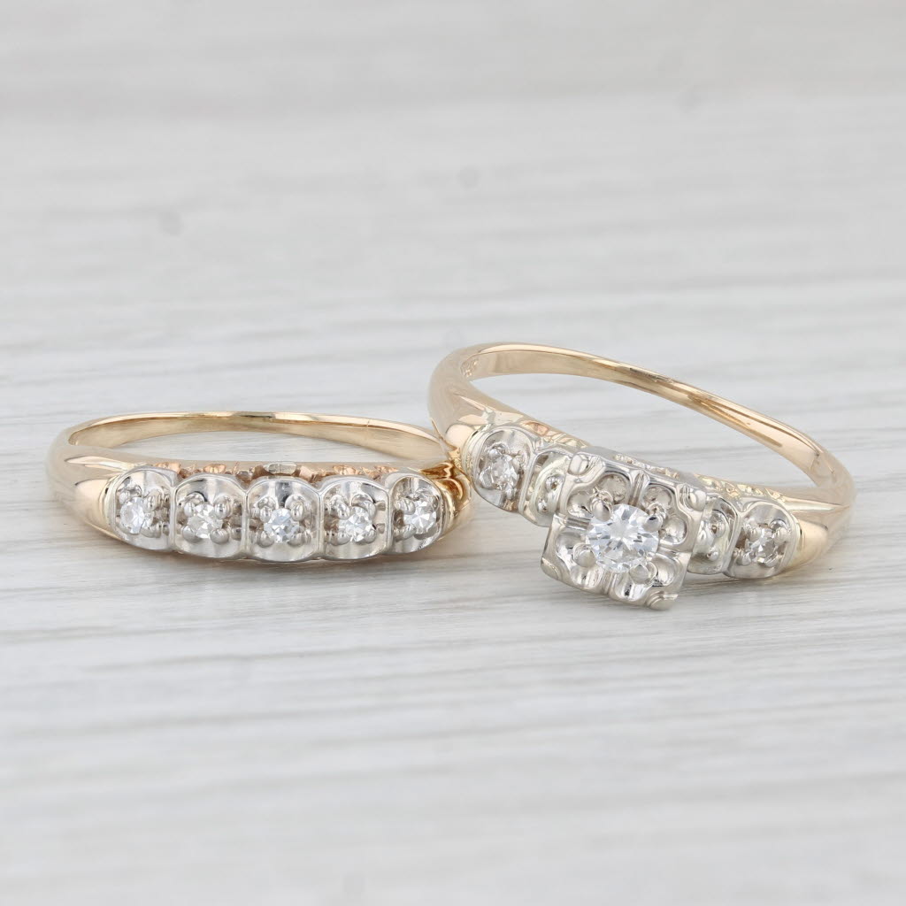 Vintage 0.20ctw Diamond Engagement Ring Wedding Bridal Set 14k Gold Size 8.25