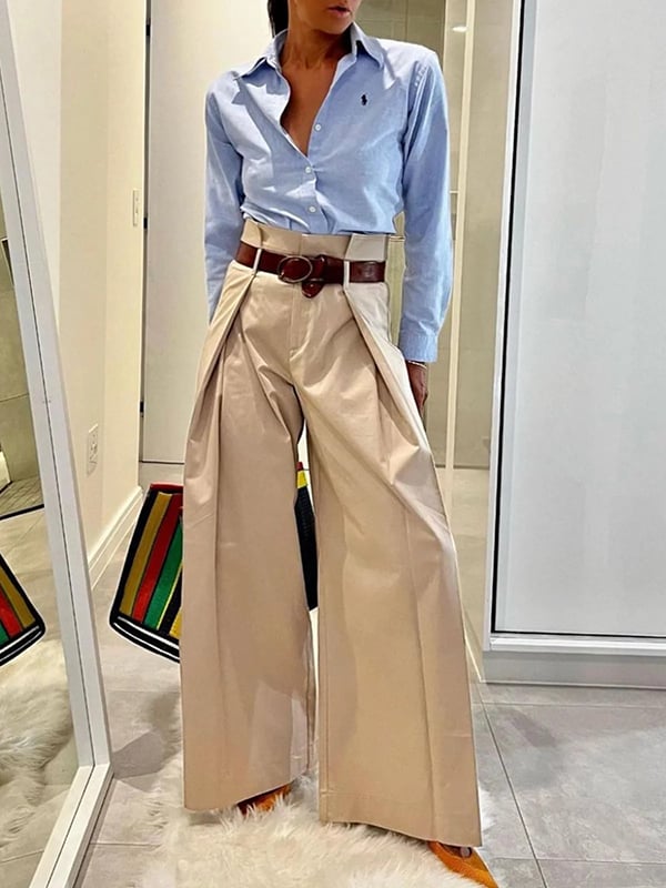 High Waisted Loose Pleated Solid Color Split-Joint Pants Trousers