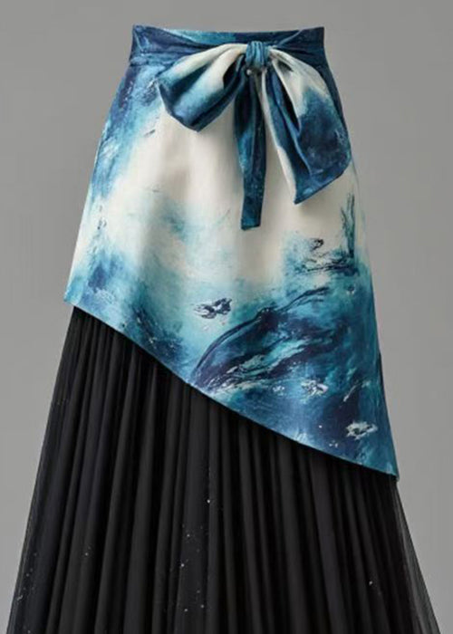 Boutique Blue Asymmetrical Print Wrinkled Patchwork Skirt Summer