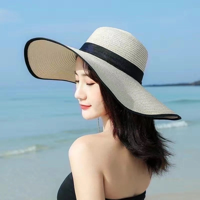 Women's Minimalist Classic Style Color Block Big Eaves Straw Hat
