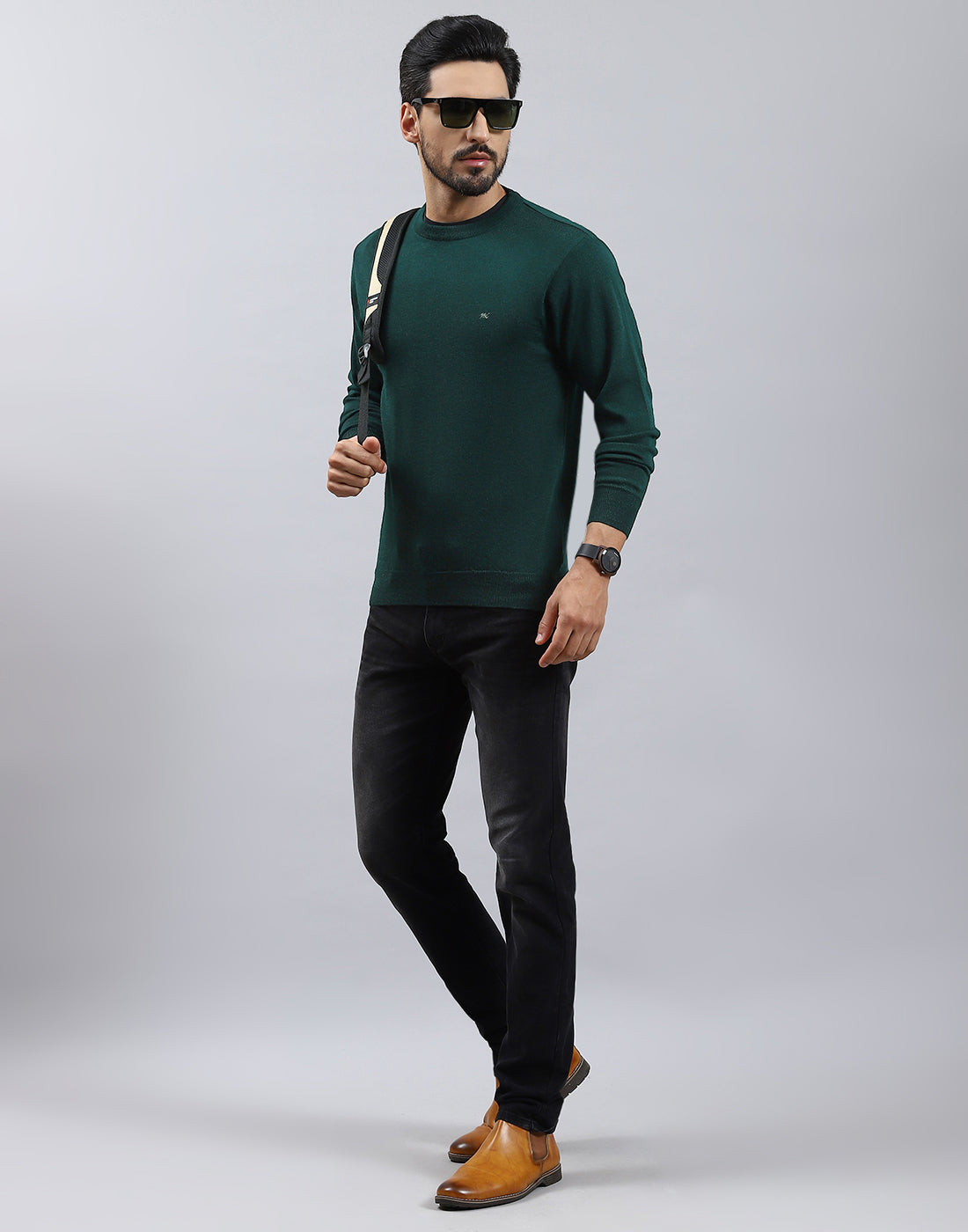 Men Green Solid Round Neck Full Sleeve Pullover