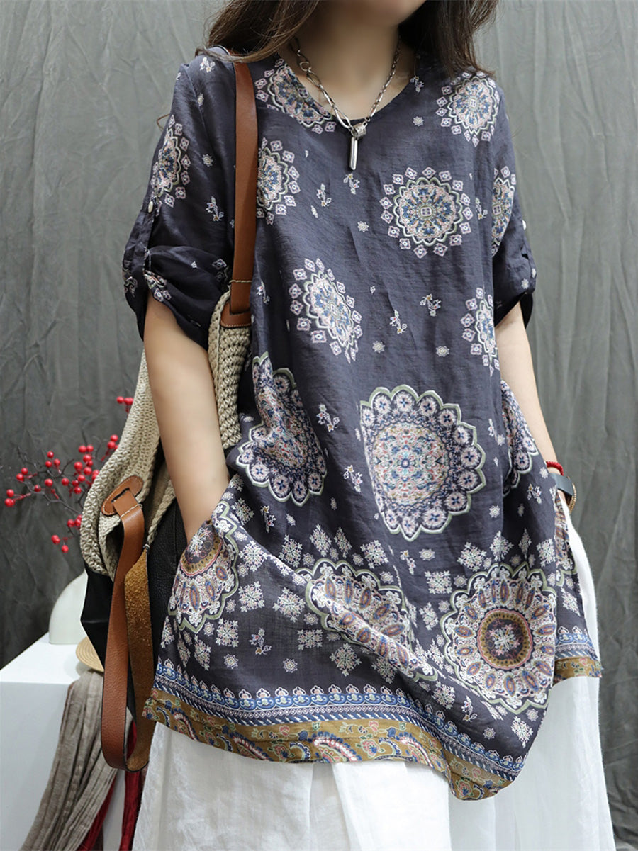 Women Summer Retro Geometric V-Neck 100%Ramie Shirt