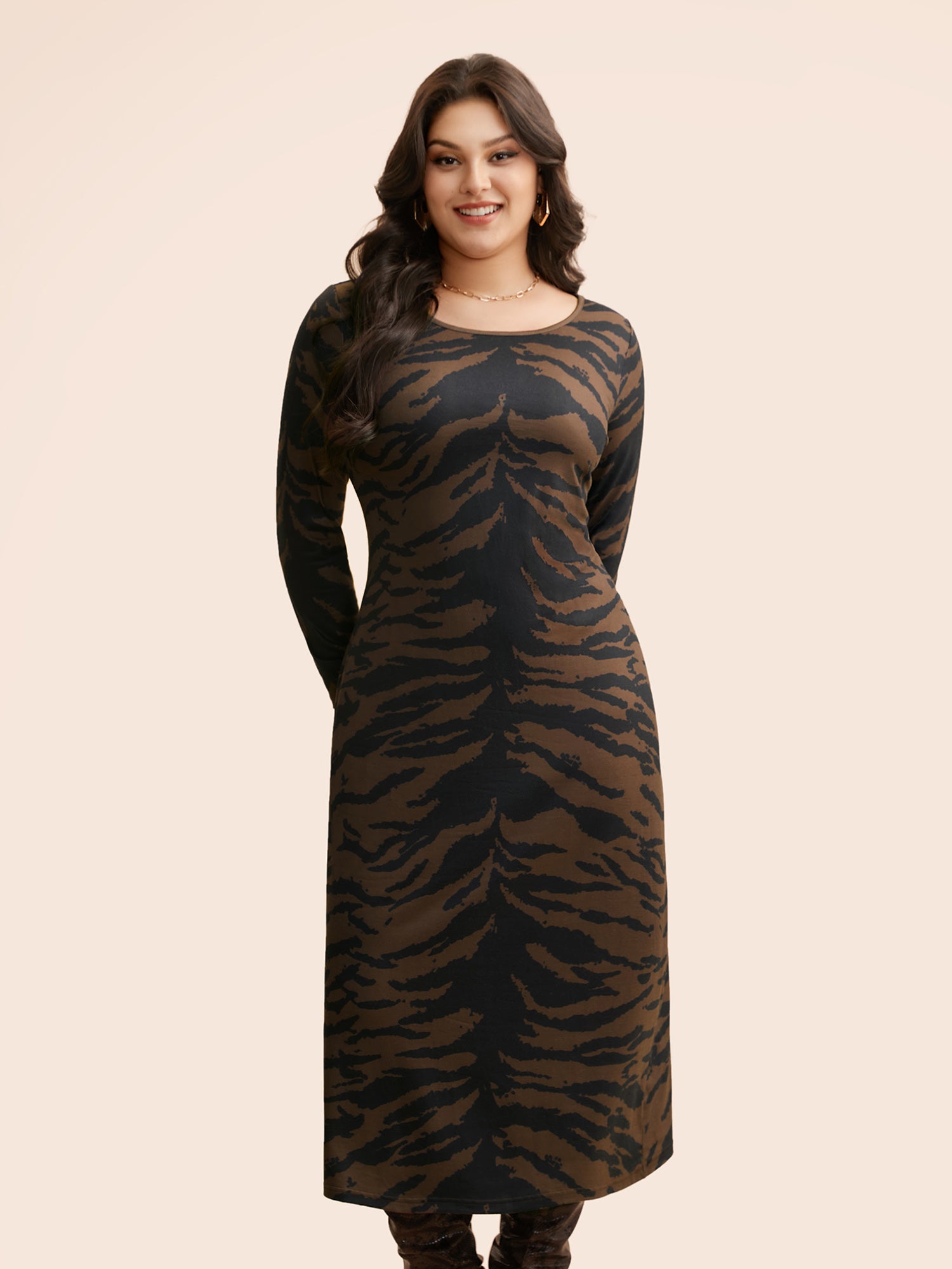 Tiger Print Boat Neck Midi Dress