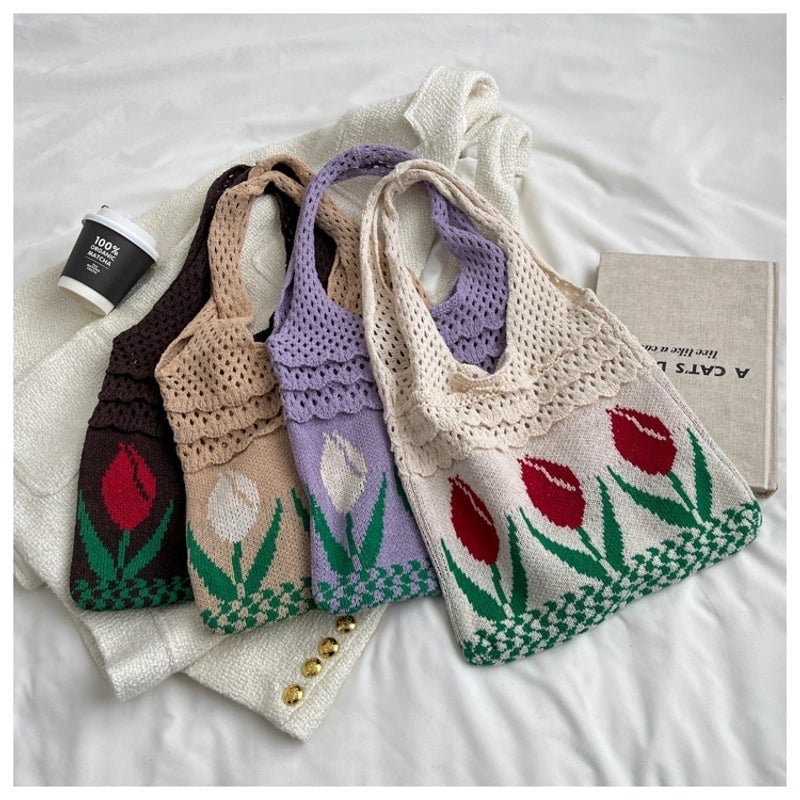 Women's Medium Fabric Flower Vintage Style Vacation Weave Open Handbag