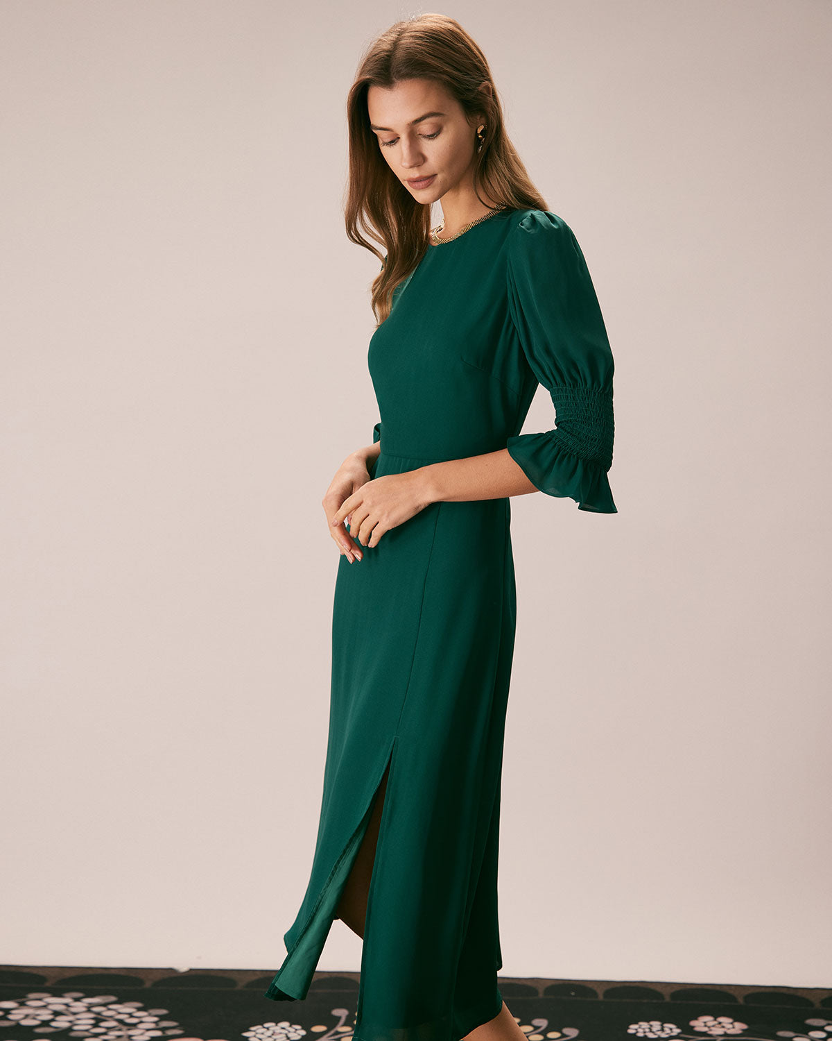 The Green Crew Neck Ruffle Slit Midi Dress