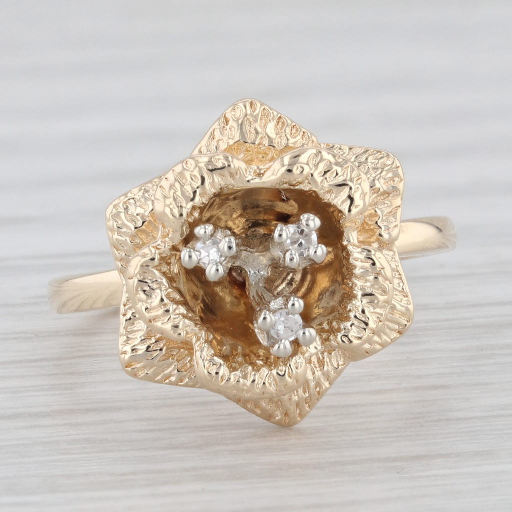 Diamond Flower Ring 14K Yellow Gold Size 5 Vintage Floral 3-Stone Cluster