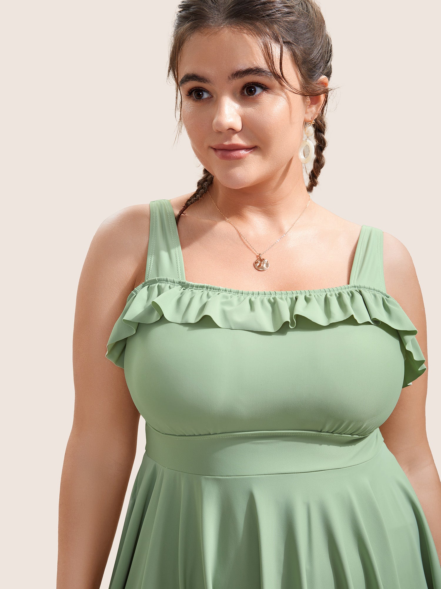 Solid Ruffles Gathered Adjustable Straps Swim Dress