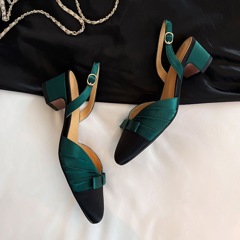 Elegant Colorblock Slingback Sandals with Bow Satin Closed-Toe Dress Shoes in Green/White/Pink