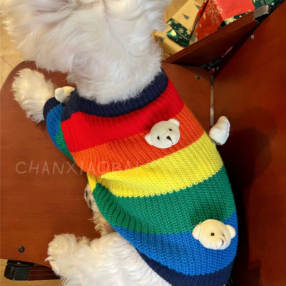 Bear Decor Multi-color Striped Dog Cat Sweater