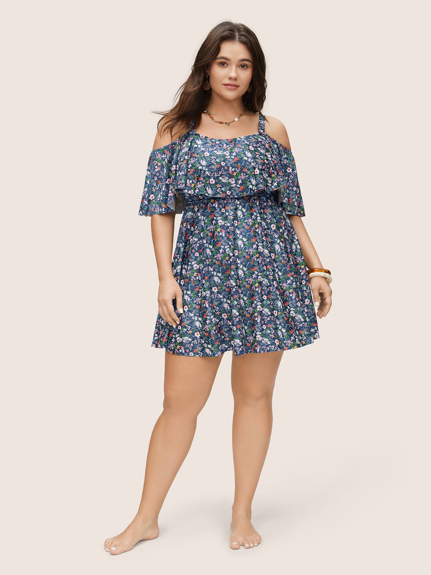 Ditsy Floral Ruffles Cold Shoulder Swim Dress