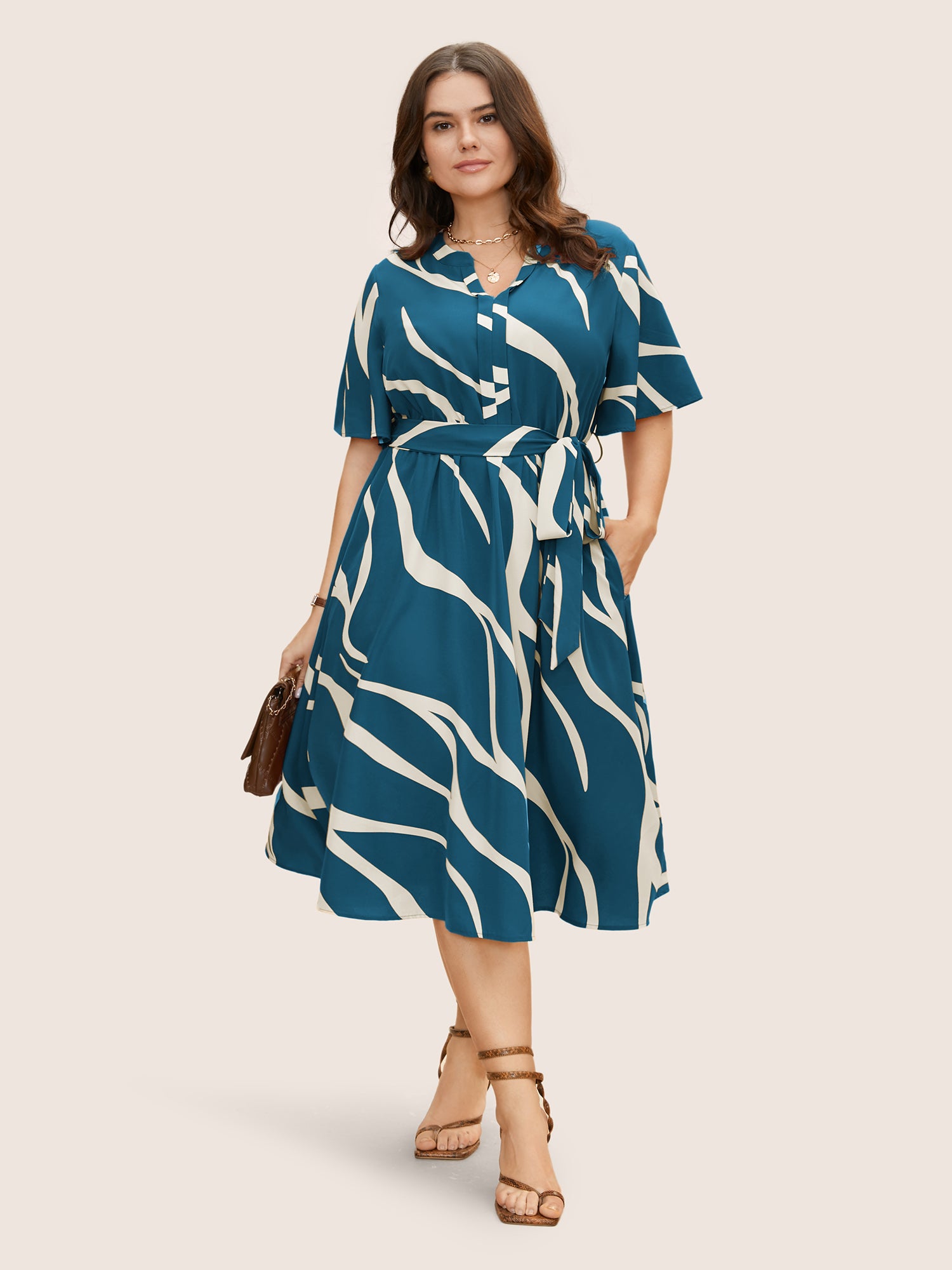 Geometric Surplice Neck Tie Knot Midi Dress