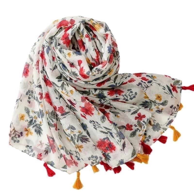 Balinese Yarn Cotton White Background Red Flower Tassel Scarf Shawl