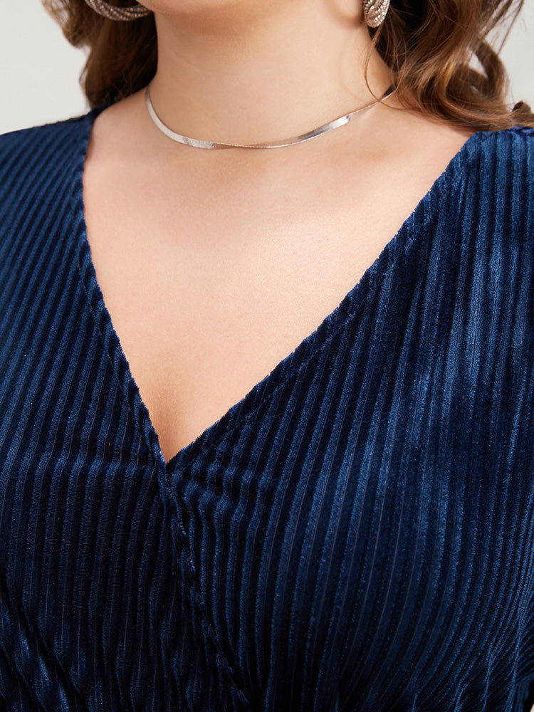 Striped Velvet Pocket Lantern Sleeve Belted Wrap Dress