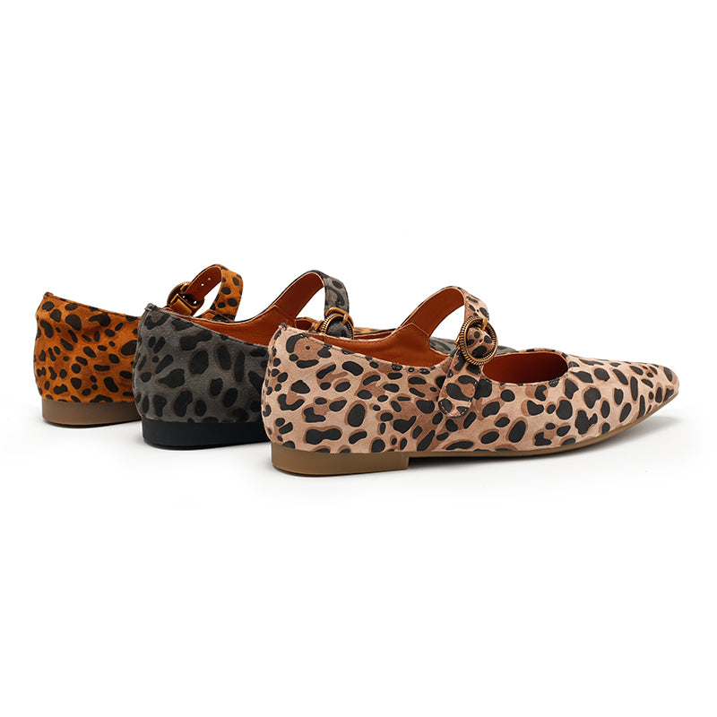 Leopard Print Suede Pointed-Toe Mary Jane Flats | Dwarves Studio in Brown/Grey/Apricot