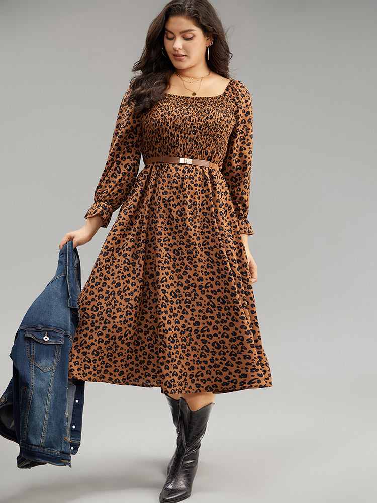 Leopard Print Shirred Square Neck Pocket Dress