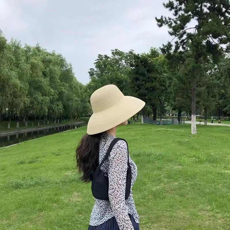 Elegant  Hepburn Style Hat Black Small Brim Straw Hat Women's Summer Beach Sunshade Hat Sunscreen Sun Hat