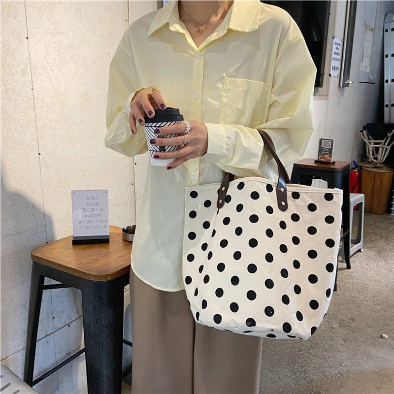 Women's Medium Canvas Round Dots Smile Face Cute Bucket Open Handbag