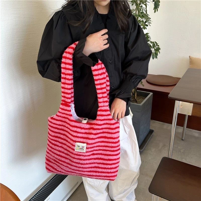 Women's Fleece Stripe Classic Style Square Magnetic Buckle Shoulder Bag