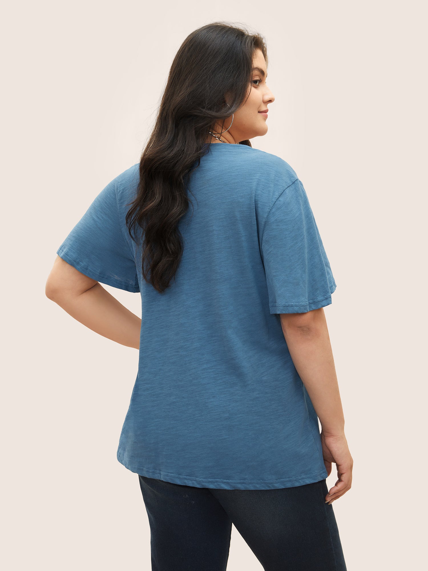 Plain Ruffle Sleeve Heather V Neck T-shirt