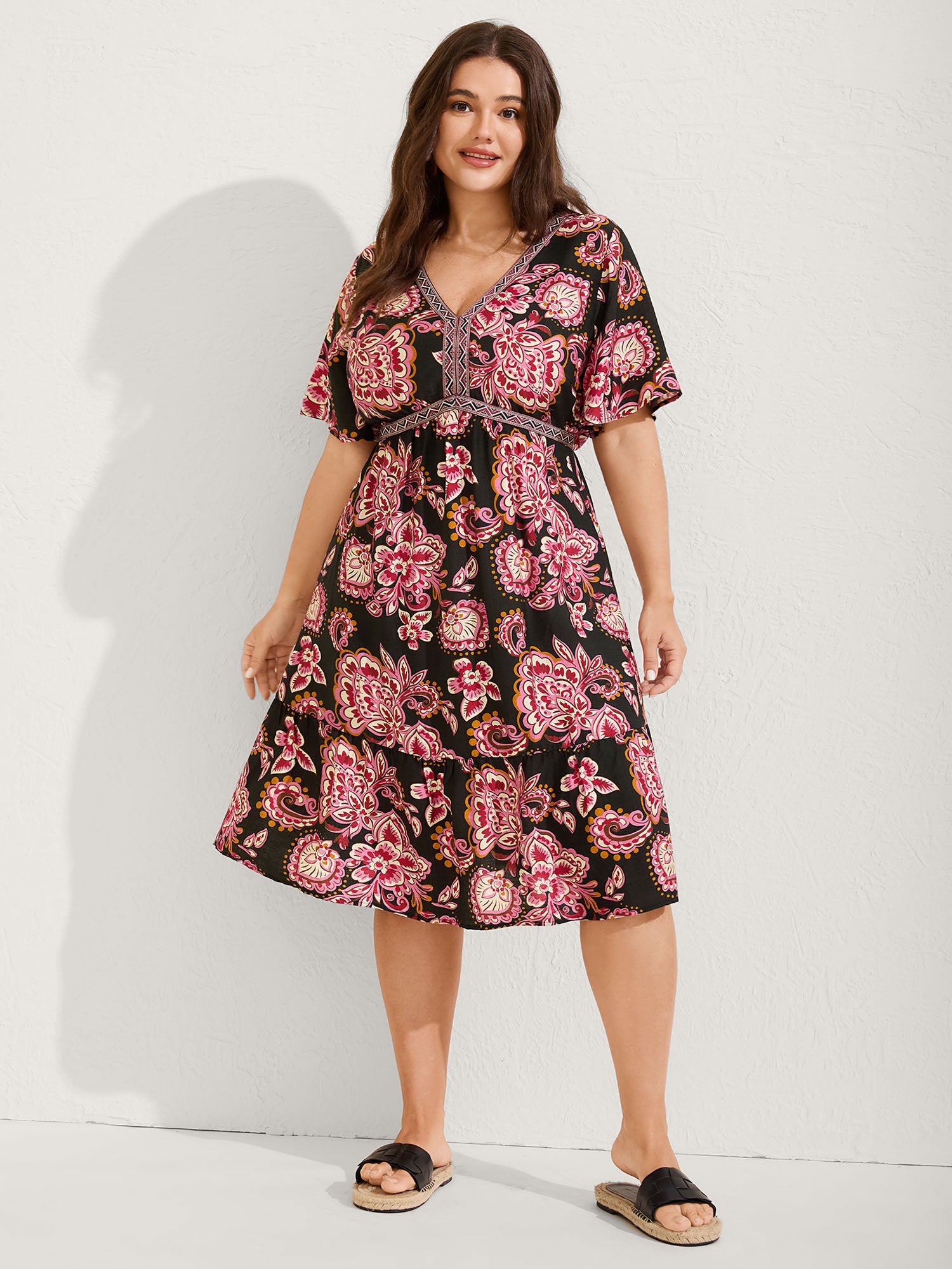 Paisley Print Stretchy Waist Pockets Midi Dress