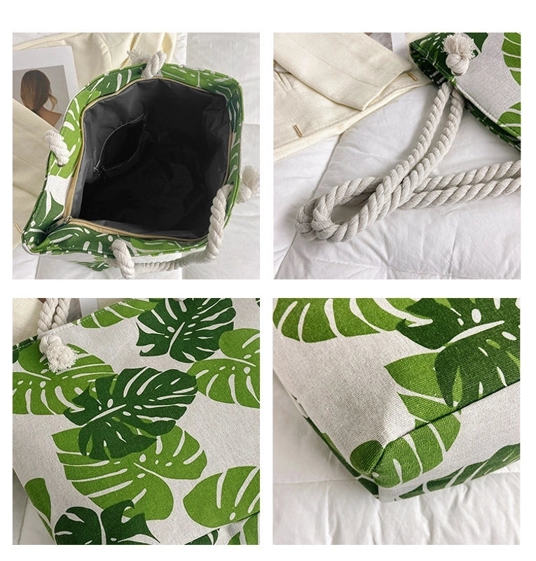 Women's Medium Canvas Leaves Butterfly Beach Square Zipper Beach Bag