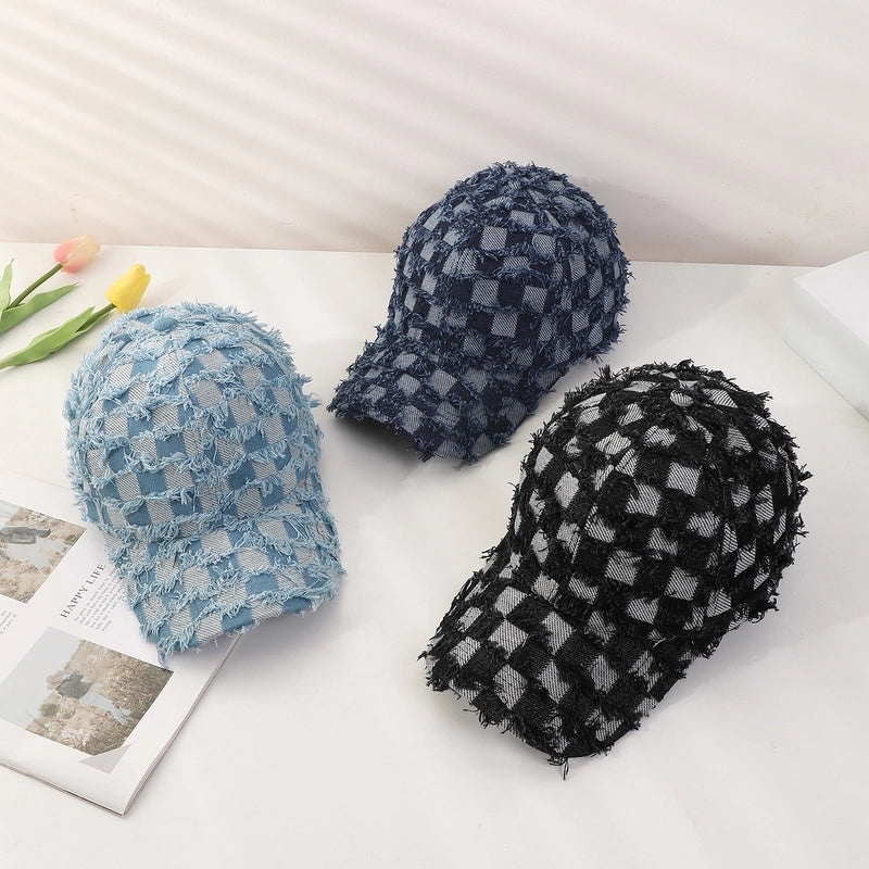 Women's Casual Vintage Style Commute Checkerboard Raw Hem Curved Eaves Baseball Cap