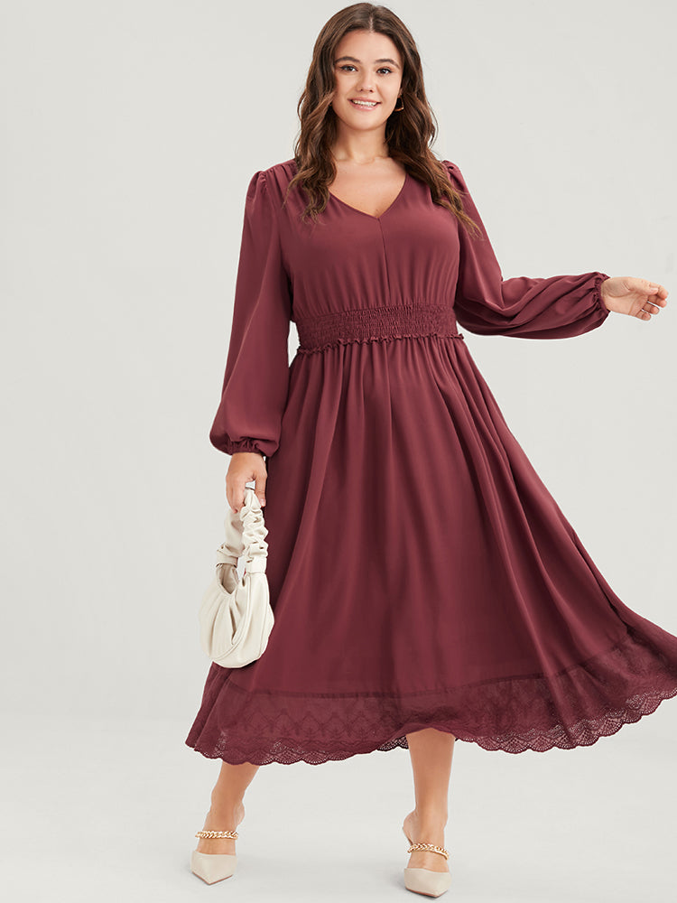Solid Pocket Lantern Sleeve Patchwork Ruffled Shirred Dress
