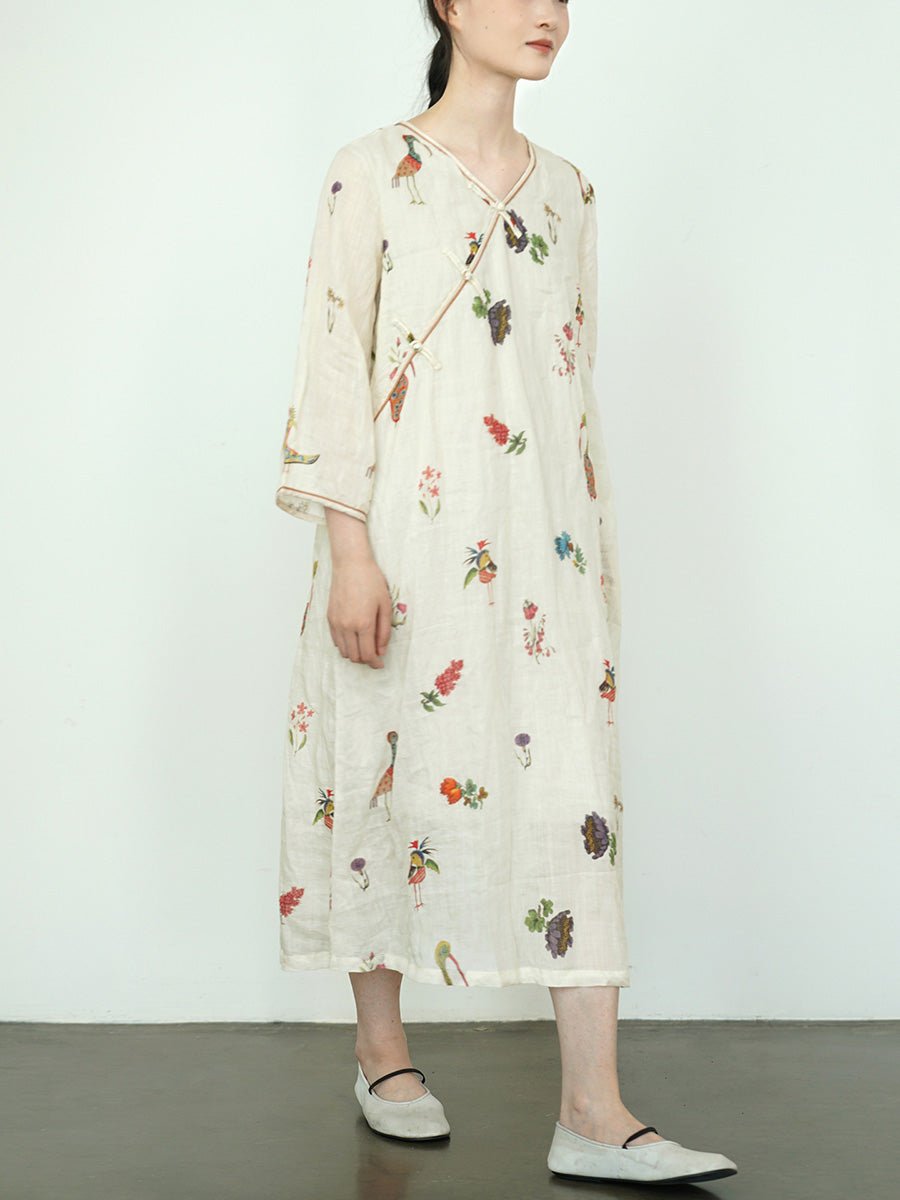 Women Summer Artsy Flower  V-Neck 100%Ramie Dress