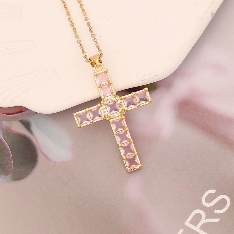 Stainless Steel Copper 18K Gold Plated Fashion Inlay Cross Zircon Pendant Necklace