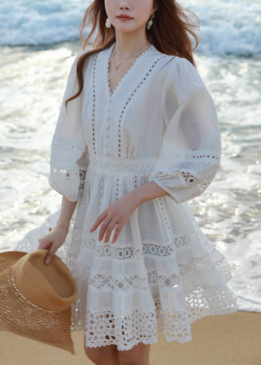 Art White V Neck Hollow Out Cotton Mid Dress Bracelet Sleeve