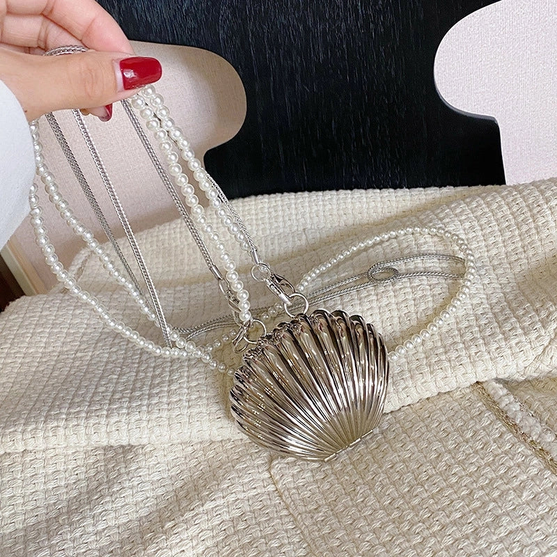 Mini Red Bag Women's Trendy Niche Design Shell Bag Popular Pearl Chain Shoulder Crossbody Bag