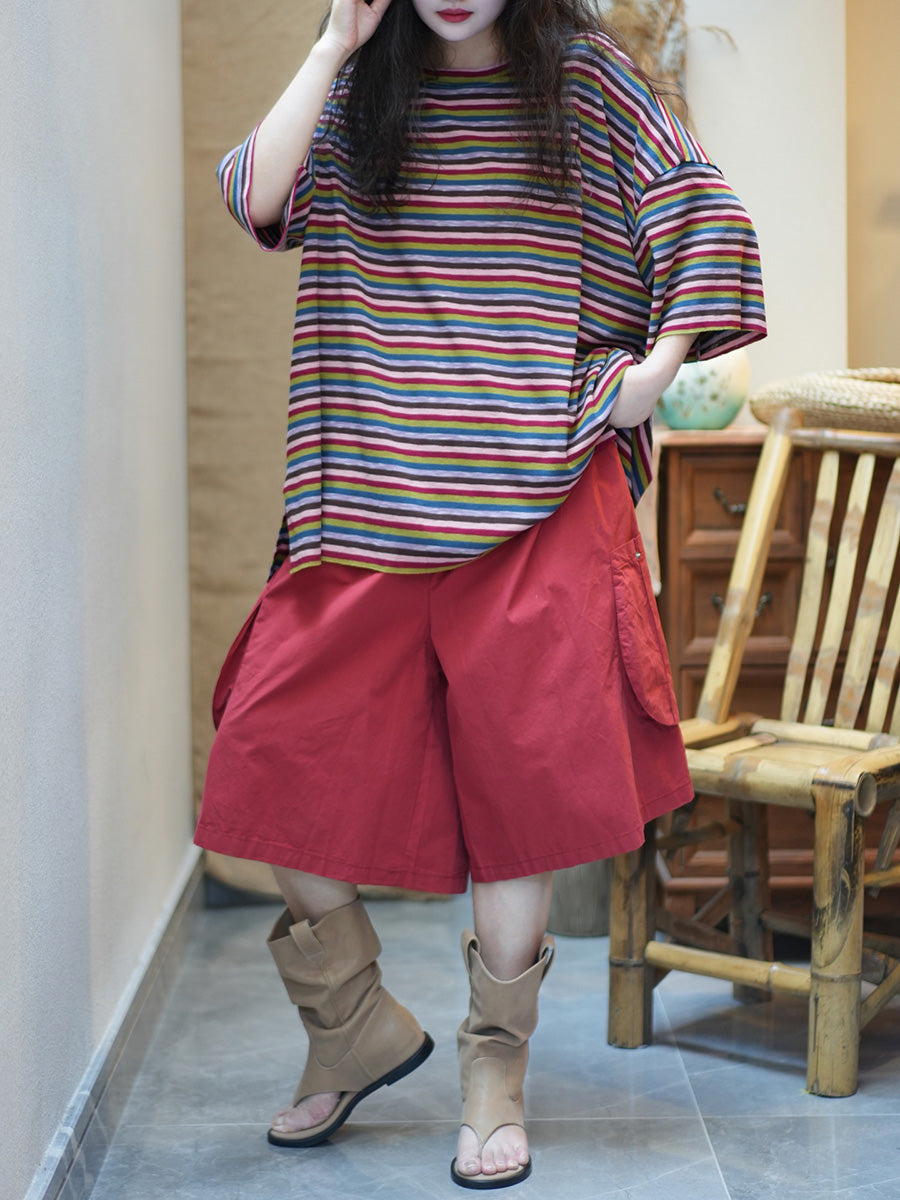 Women Summer Casual Stripe Cotton O-Neck Shirt