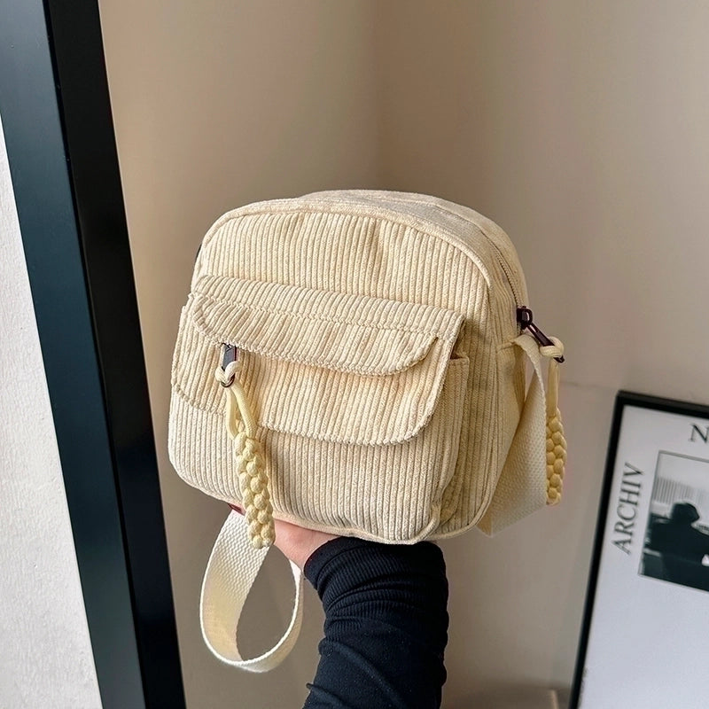 Women's Corduroy Solid Color Classic Style Square Zipper Shoulder Bag