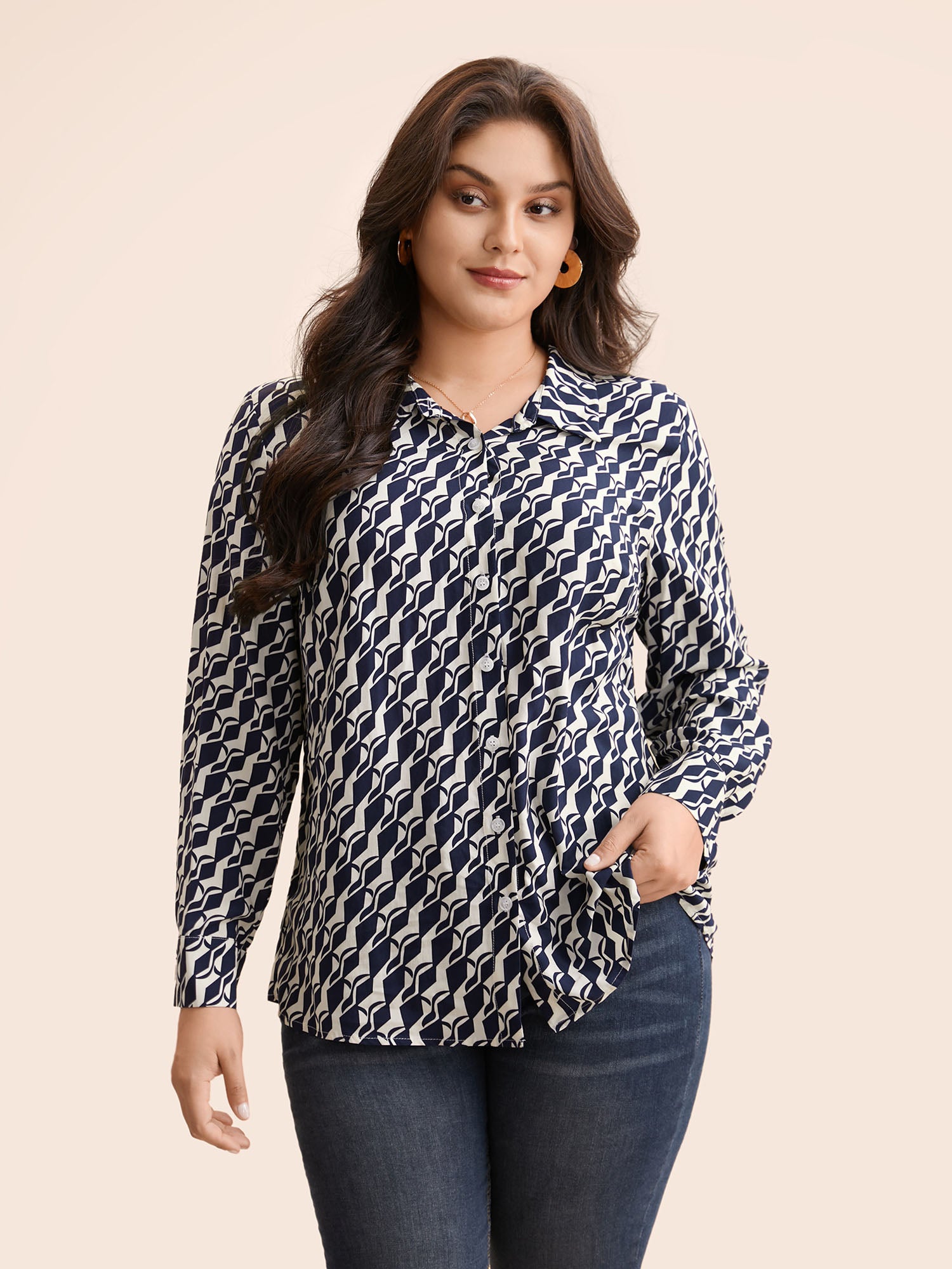 Geometric Shirt Collar Pleated Blouse