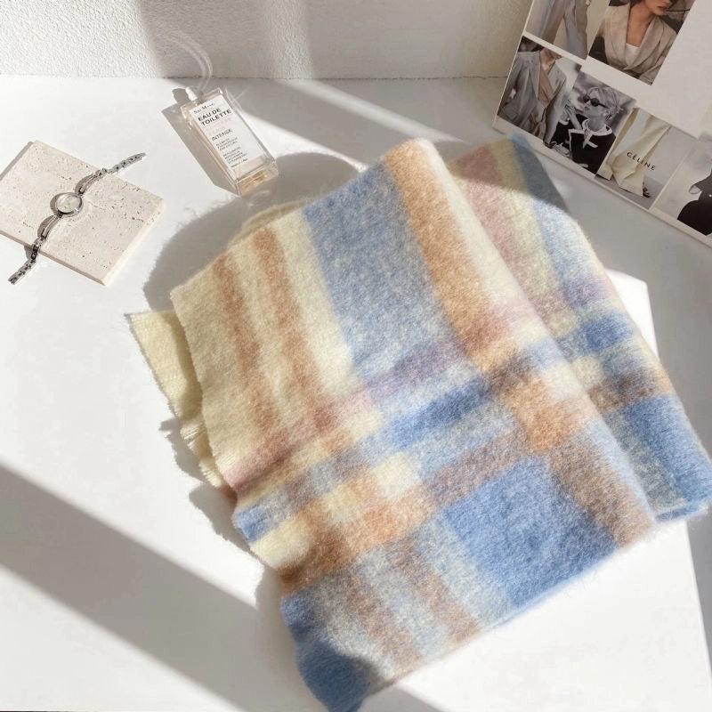 Rainbow Plaid Scarf Women's Autumn And Winter Thickened Mohair Student Couple Contrast Color Matching Thickened