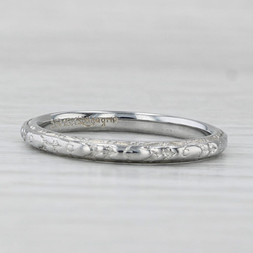 Floral Etched Art Deco Wedding Band 18k White Gold Size 7.25 Stackable Ring