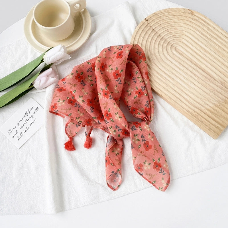 Women's Casual Minimalist Flower Cotton Printing Silk Scarf Kerchief