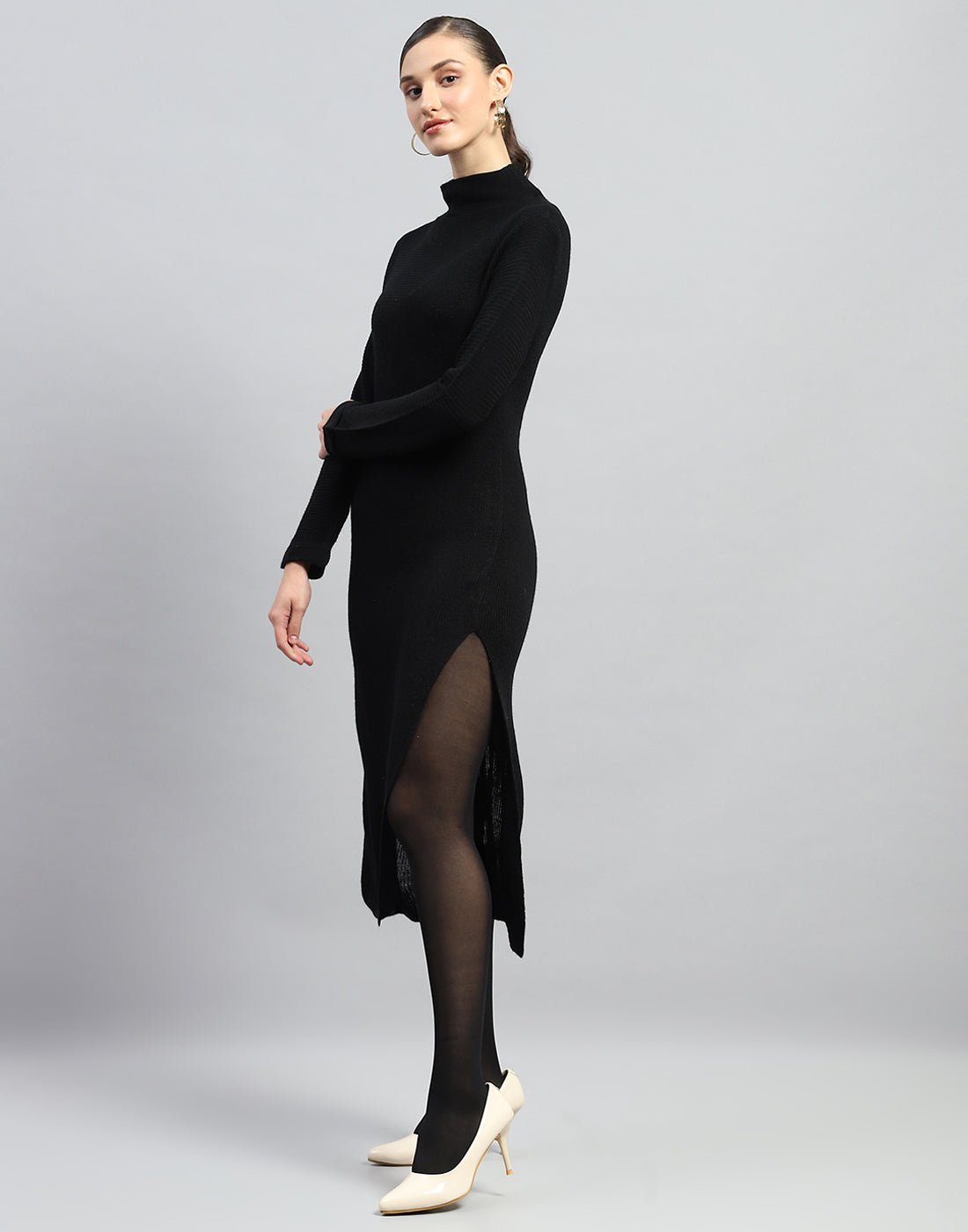 Women Black Self Design Turtle Neck Full Sleeve Dress