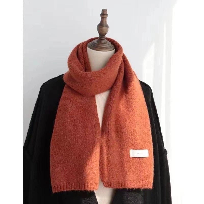 Warm Solid Color Scarf Women's Autumn And Winter Solid Color Patch Fashionable Student's New Knitted Small Scarf
