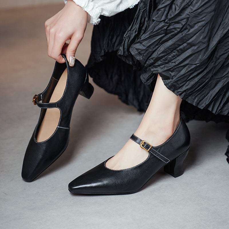 60mm Kitten Heel Point Toe Mary Jane Horsehide Pumps in Blue/Black/White