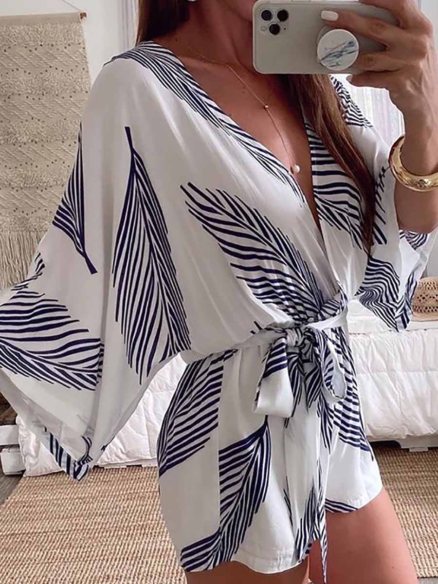 Plant Print Bat Sleeve Kimono Romper