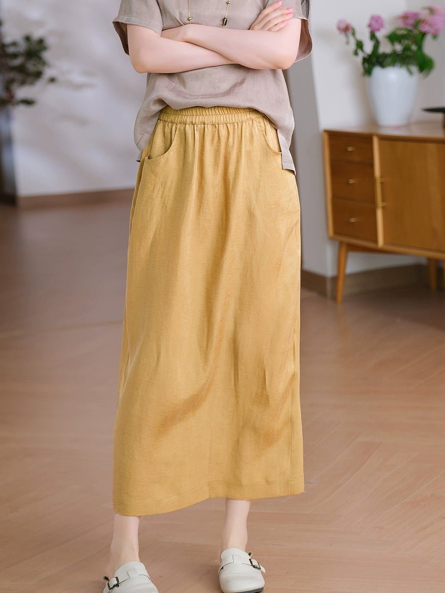 Women Summer Pure Color Linen Straight Skirt
