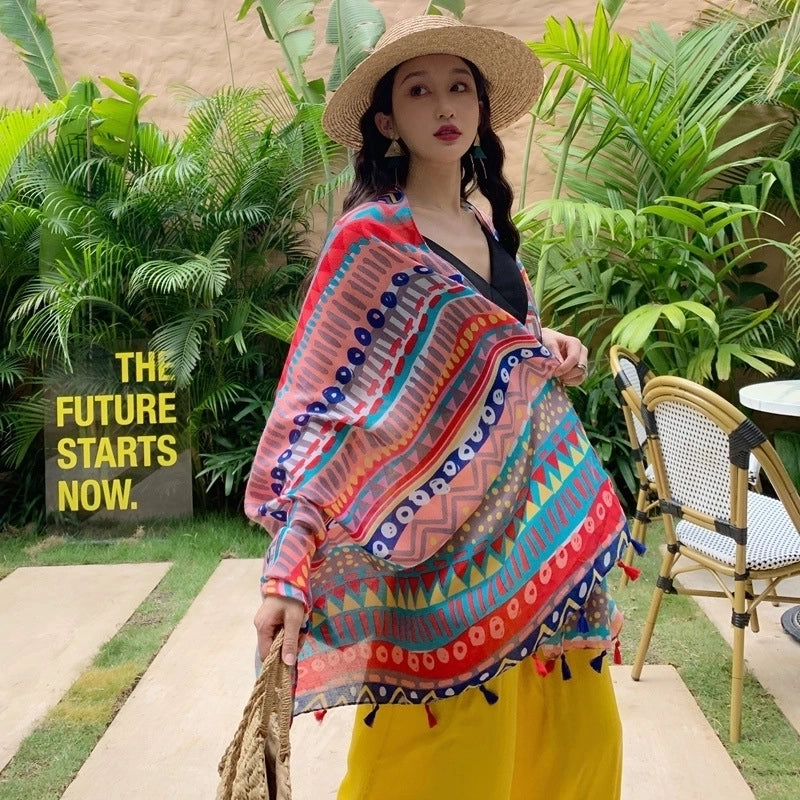 Ethnic Style Shawl Scarf Dual-use Sun Protection By The Sea Beach Scarf Red Large Gauze Scarf Female Desert Travel Photography Summer
