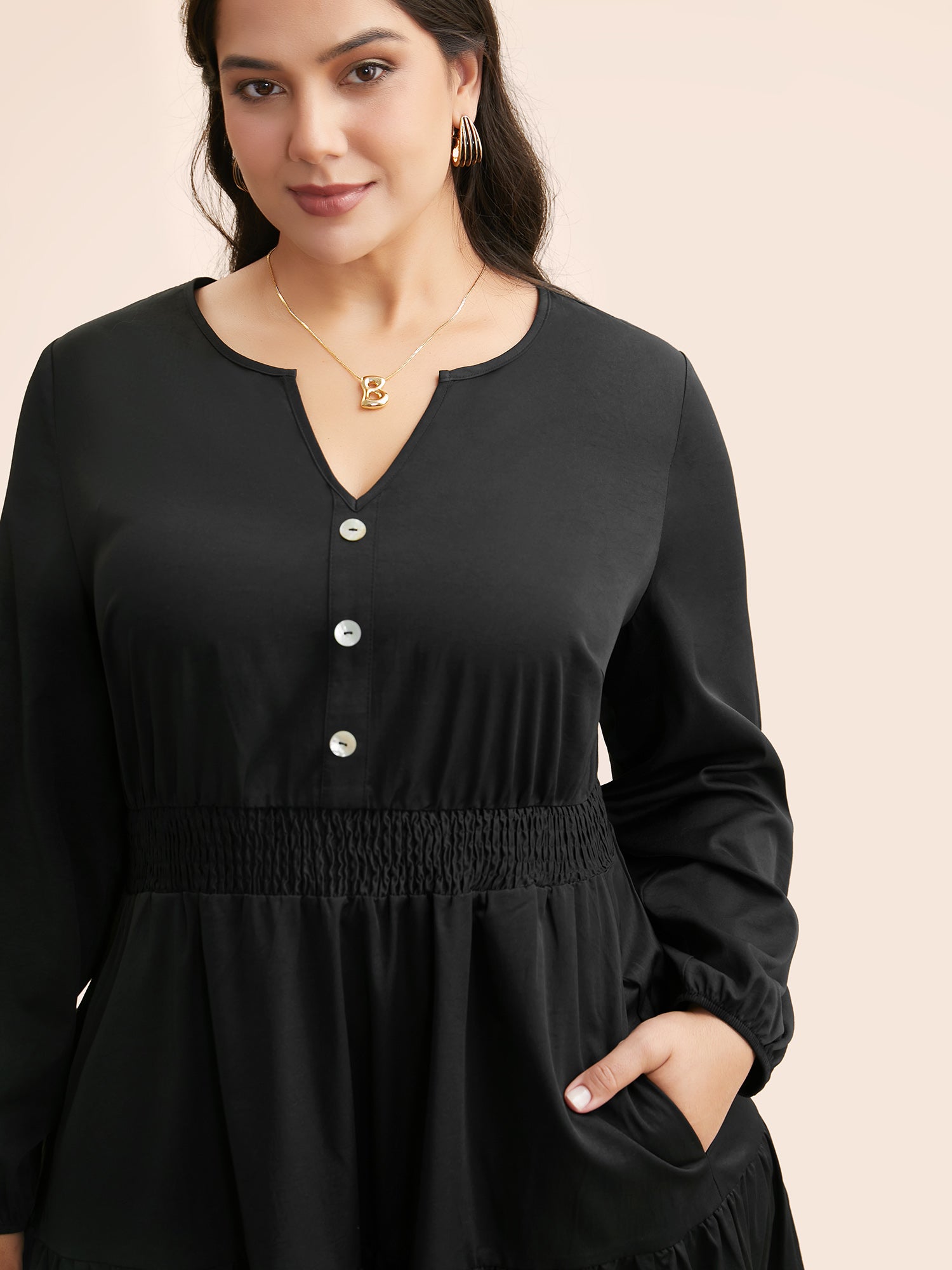 Notched Button Detail Ruffle Layered Hem Dress