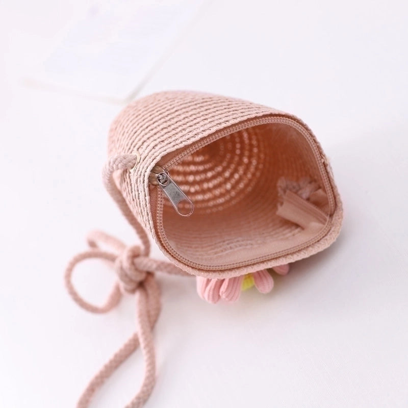 Girl's Straw Flower Strawberry Bow Knot Cute Bucket Zipper Crossbody Bag