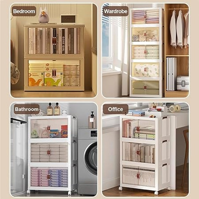Foldable Storage Cabinet 4 Layer. Stackable Portable Storage Cabinet with Movable Wheels